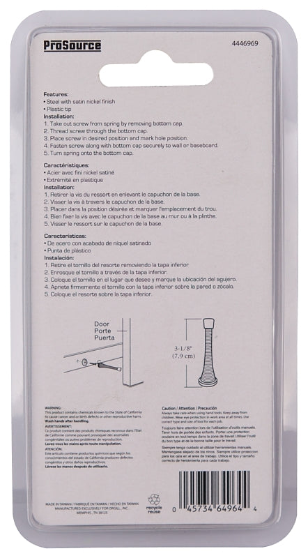 ProSource H62-B043C-PS Heavy-Duty Spring, 15/16 in Dia Base, 3-1/8 in Projection, Plastic & Steel, Satin Nickel