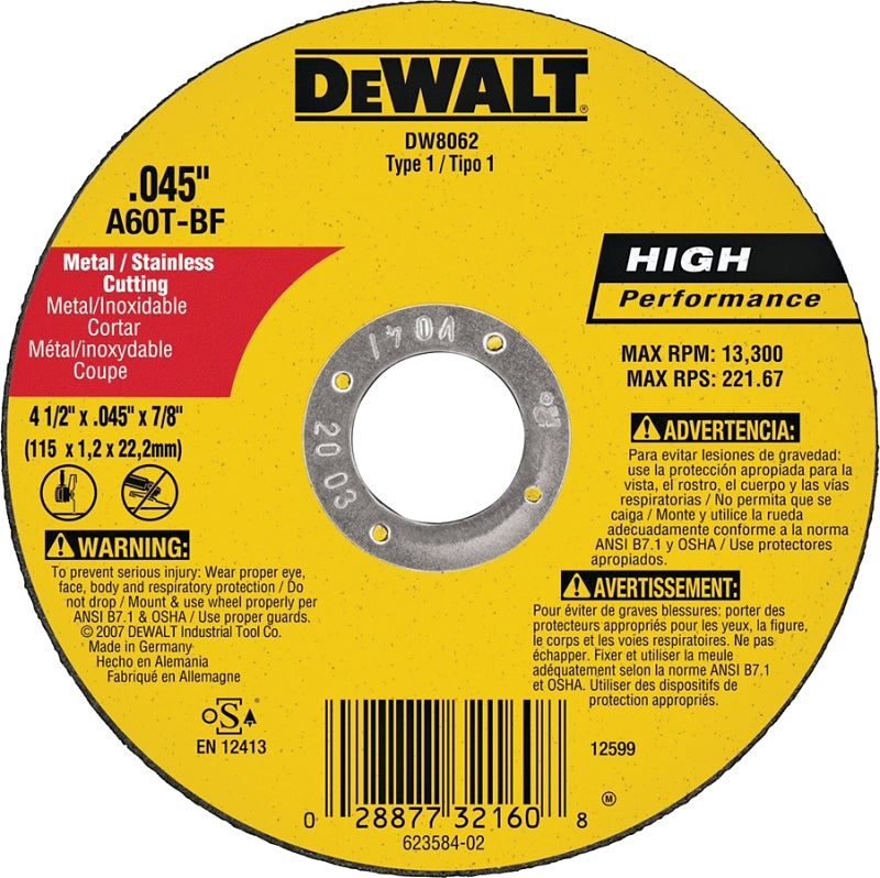 DEWALT DW8062 Cutting Wheel, 4-1/2 in Dia, 0.045 in Thick, 7/8 in Arbor, Very Fine, Aluminum Oxide Abrasive