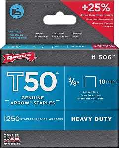 Arrow T50 Series 50624 Staple, For: T50 WA Stapler, 3/8 in W Crown, 3/8 in L Leg, Pack of 4