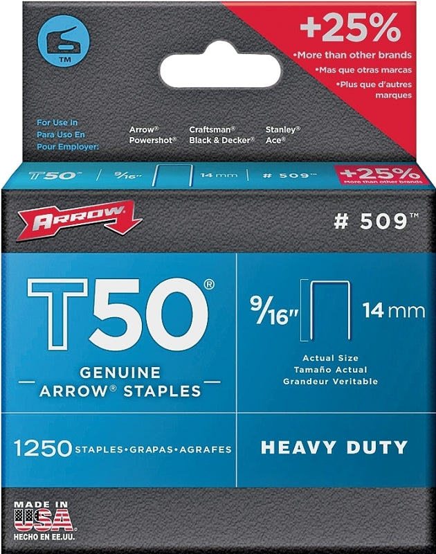 Arrow T50 Series 50924 Staple, 3/8 in W Crown, 9/16 in L Leg, Pack of 4