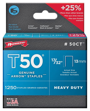 Arrow T50 Series 50CT24 Staple, 3/8 in W Crown, 17/32 in L Leg, Steel, Pack of 4