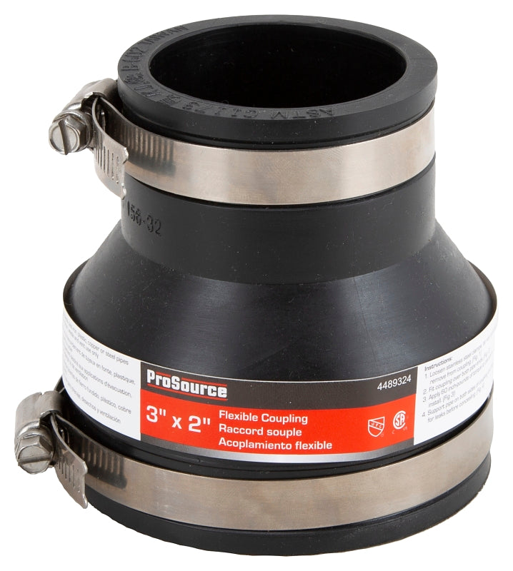 ProSource FC56-32 Coupling, 3 x 2 in, Cast Iron, Plastic and Steel Drain Pipes, PVC, Black