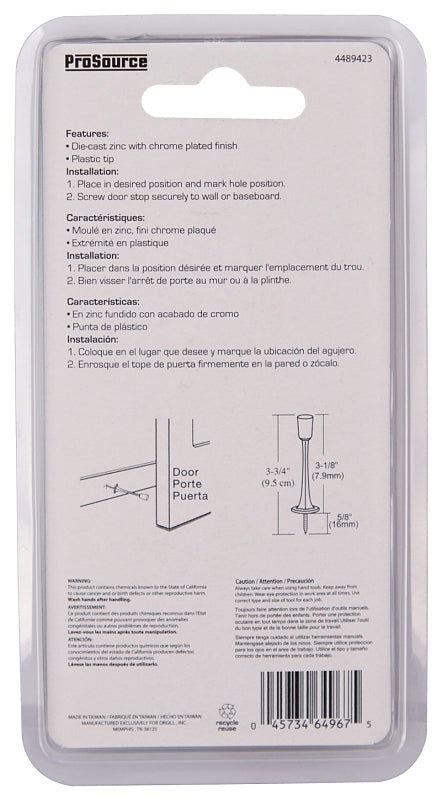 ProSource H20-Z022C-PS Heavy-Duty Rigid Door Stop, 15/16 in Dia Base, 3-1/8 in Projection, Die-Cast Zinc & Plastic