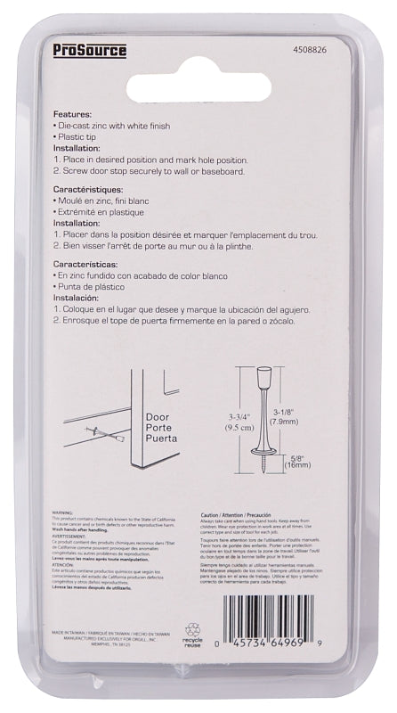 ProSource H20-Z025C-PS Heavy-Duty Rigid Door Stop, 15/16 in Dia Base, 3-1/8 in Projection, Die-Cast Zinc & Plastic