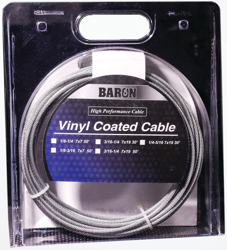 Baron 53205/50235 Aircraft Cable, 3/16 to 1/4 in Dia, 100 ft L, 740 lb Working Load, Galvanized Steel