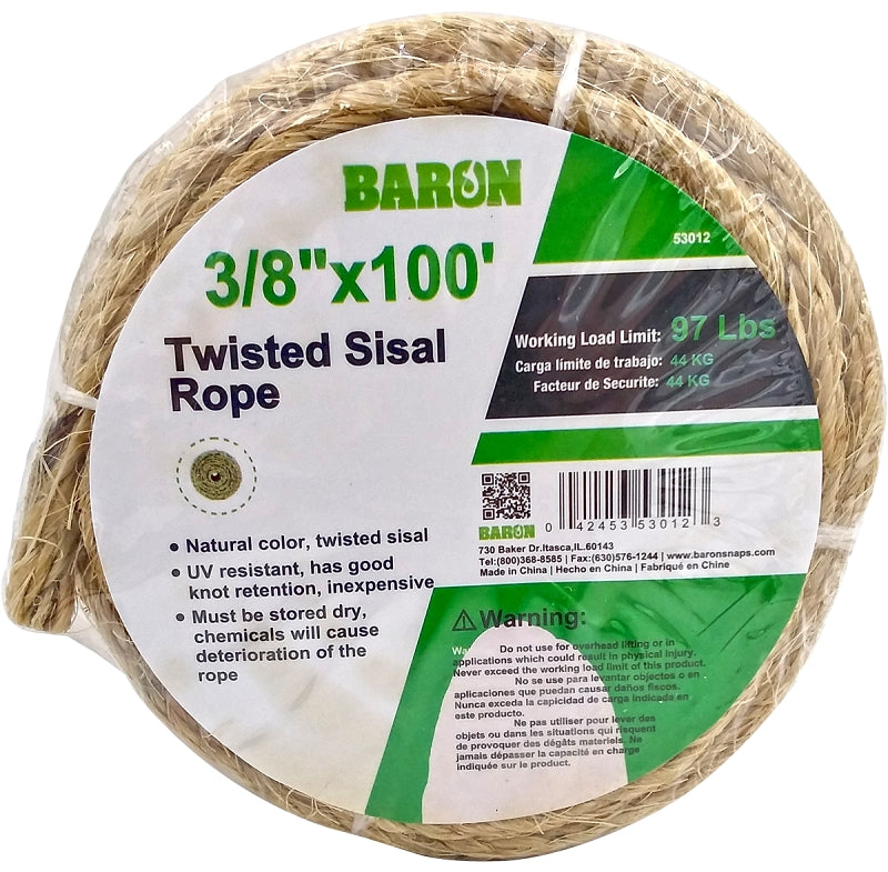 Baron 53012 Rope, 3/8 in Dia, 100 ft L, 87 lb Working Load, Sisal, Natural