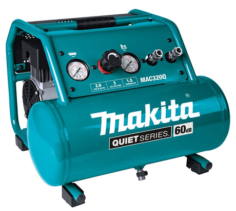 Makita QUIET Series MAC320Q Portable Air Compressor, Electric, 3 gal Tank, 1-1/2 hp, 120 V, 135 psi Pressure