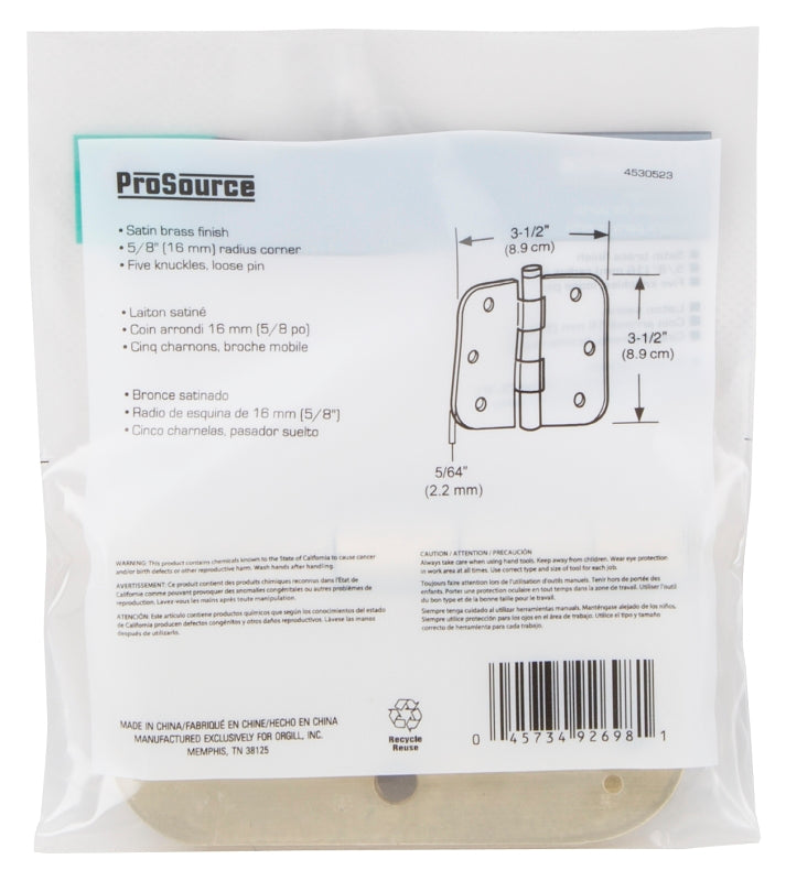 ProSource 20347US4 Door Hinge, Steel, Satin Brass, Loose Pin, 180 deg Range of Motion, Screw Mounting