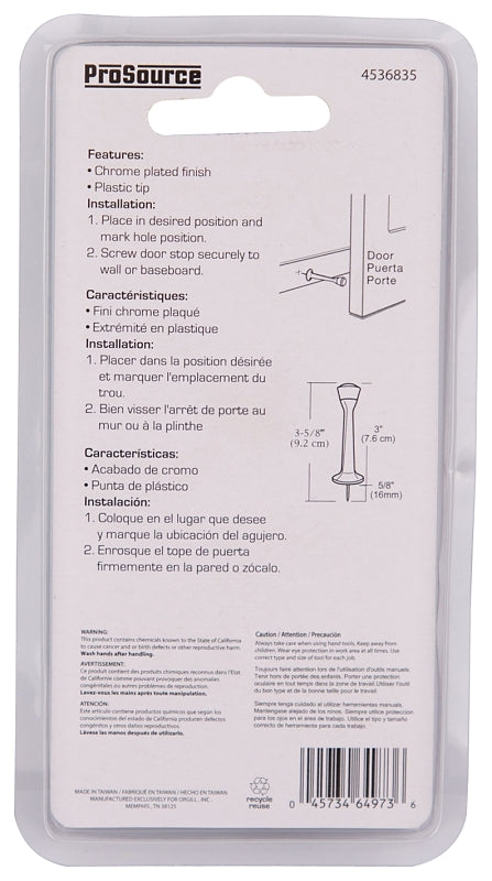 ProSource CL-208C-CH-PS Heavy-Duty Rigid Door Stop, 1 in Dia Base, 3 in Projection, Die-Cast Zinc & Plastic, Chrome