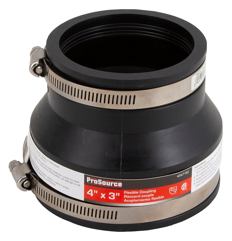 ProSource FC56-43 Coupling, 4 x 3 in, Cast Iron, Plastic and Steel Drain Pipes, PVC, Black