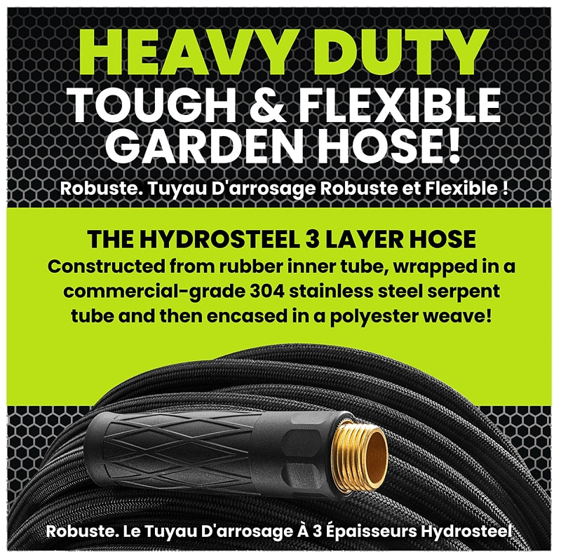 HydroSteel Pro 8588 Water Hose with Brass Nozzle, 3/8 in, 100 ft L, Rubber/Vinyl, Black