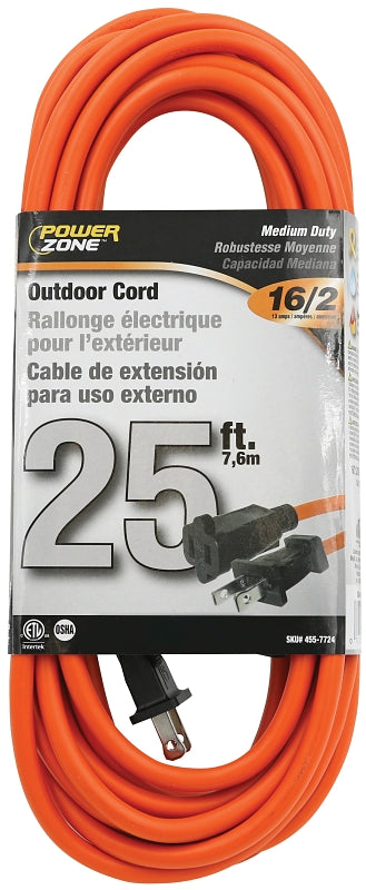 PowerZone OR481625 Outdoor Extension Cord, 16 AWG Wire, 25 ft L, Orange Sheath