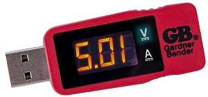 Gardner Bender GUSB-3450 USB Multimeter, LED Display, Functions: Current, Voltage, Polarity, Red