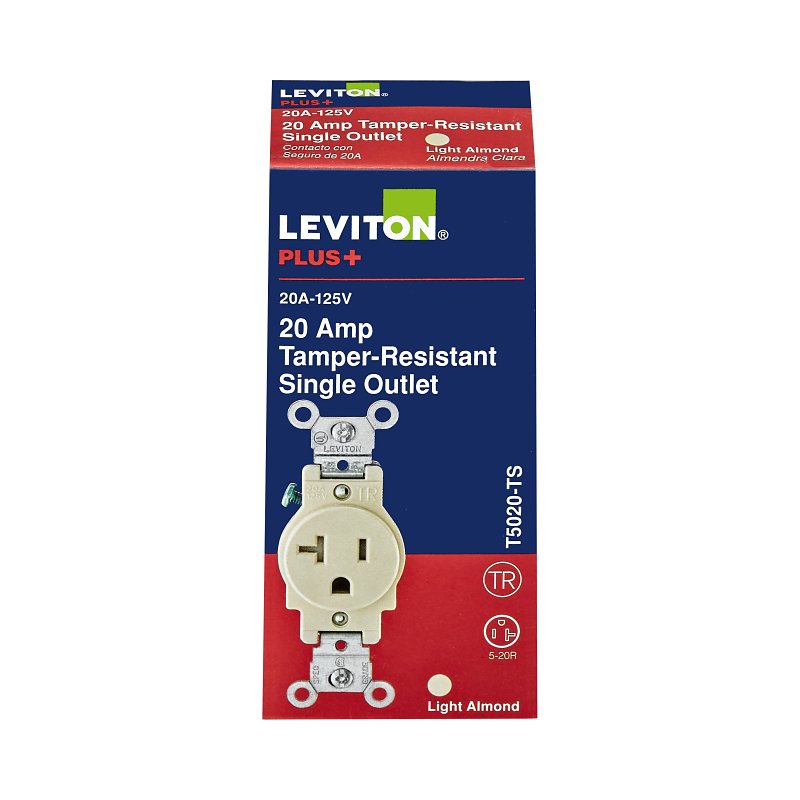 Leviton R56-T5020-0TS Single Outlet, 2 -Pole, 125 V, 20 A, Back and Side Wiring, NEMA: NEMA 5-20R, Light Almond