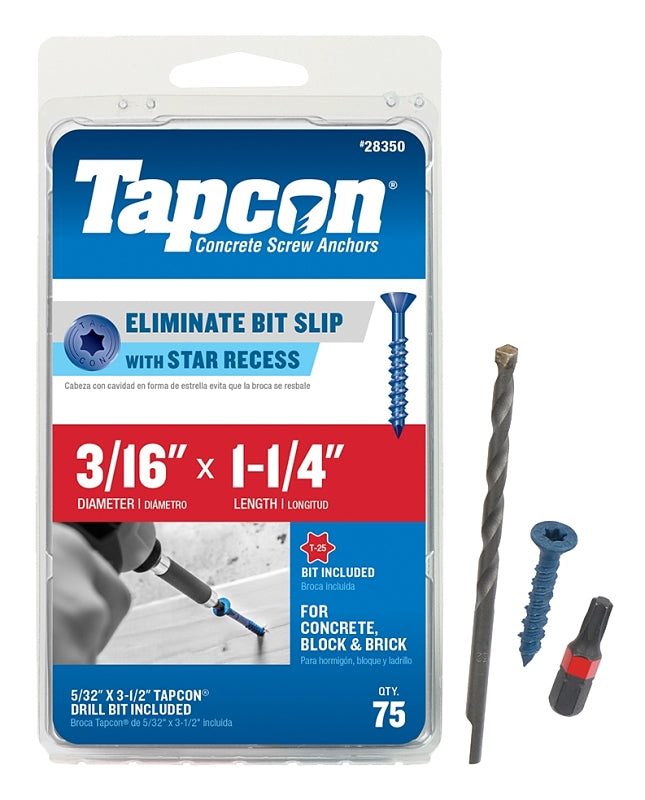 Tapcon 28350 Concrete Screw Anchor, T25 Screw, 3/16 in Dia, 1-1/4 in L, Steel, Climaseal, 75/PK