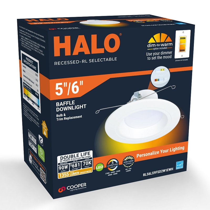 Halo RL Series RL56LS9FSD2W1EWH Downlight, 14.3 W, 120 V, Aluminum/Steel, White, Matte