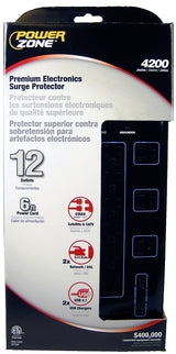 PowerZone OR504142 Surge Protector, 125 V, 15 A, 12-Outlet, 4200 Joules Energy, Black