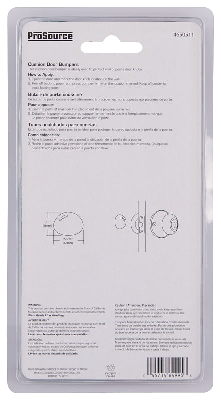 ProSource FE-S715-PS Door Stop, 2-3/16 in Dia Base, 2-3/16 in Dia x 1 in H Projection, Vinyl, White