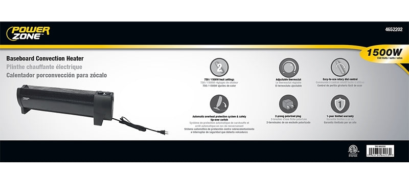 PowerZone DL12C Baseboard Heater, 12.5 A, 120 V, 750/1500 W, 5118.2 Btu Heating, 2-Heating Stage, Black