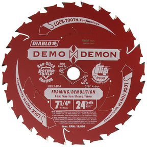 Diablo D0724DA Circular Saw Blade, 7-1/4 in Dia, 5/8 in Arbor, 24-Teeth, Carbide Cutting Edge, 10,000 rpm