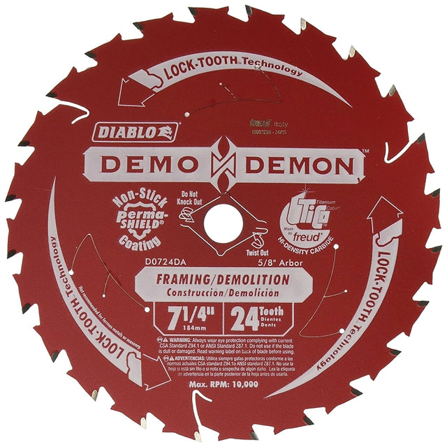 Diablo D0724DA Circular Saw Blade, 7-1/4 in Dia, 5/8 in Arbor, 24-Teeth, Carbide Cutting Edge, 10,000 rpm