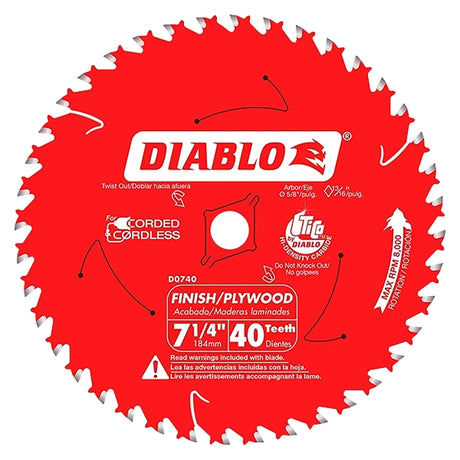 Diablo D0740A Circular Saw Blade, 7-1/4 in Dia, 40-Teeth, 5/8 in Arbor, Carbide Cutting Edge