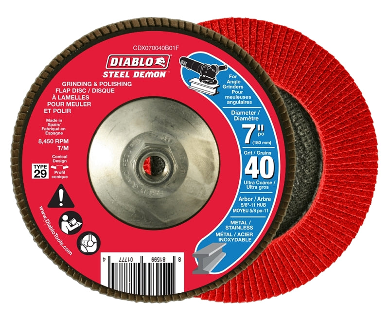 Diablo CDX070040B01F Flap Disc, 7 in Dia, 5/8 in Arbor, 40 Grit, Zirconium Abrasive