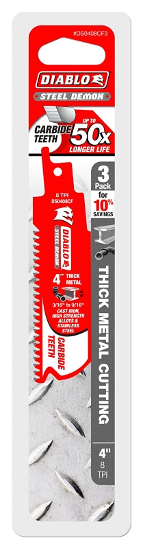 Diablo DS0408CF3C Reciprocating Saw Blade, Applicable Materials: Cast Iron, Stainless Steel, 4 in L, 8 TPI