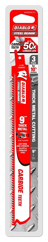 Diablo DS0908CF3C Reciprocating Saw Blade, Applicable Materials: Cast Iron, Stainless Steel, 1 in W, 9 in L, 8 TPI