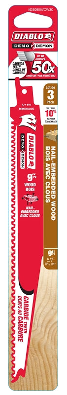 Diablo DS0906VCW3C Series Reciprocating Saw Blade, Applicable Materials: Wood, 9 in L, Carbide Cutting Edge, 3/PK