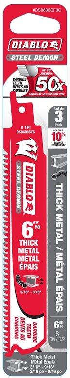 Diablo DS0608CF3C Reciprocating Saw Blade, 6 in L, 8 TPI, Carbide Cutting Edge