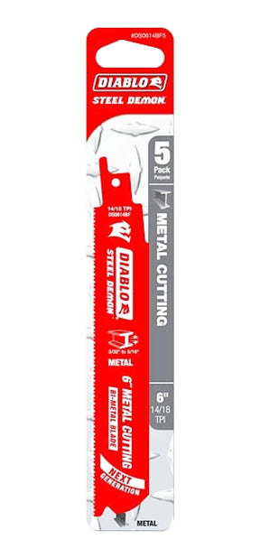 Diablo DS0614BF5C Reciprocating Saw Blade, Applicable Materials: Metal, 1 in W, 6 in L, 14/18 TPI