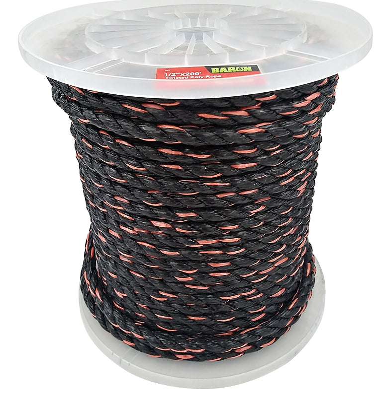 Baron 54613 Rope, 1/2 in Dia, 200 ft L, 420 lb Working Load, Polypropylene, Black/Orange