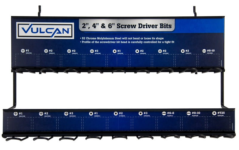 Vulcan 994970 Screwdriver Bit Rack, #1, #2, #3, #6-8, #8-10, #T25 Drive, Phillips, Slot, Square Recess Drive, Metal
