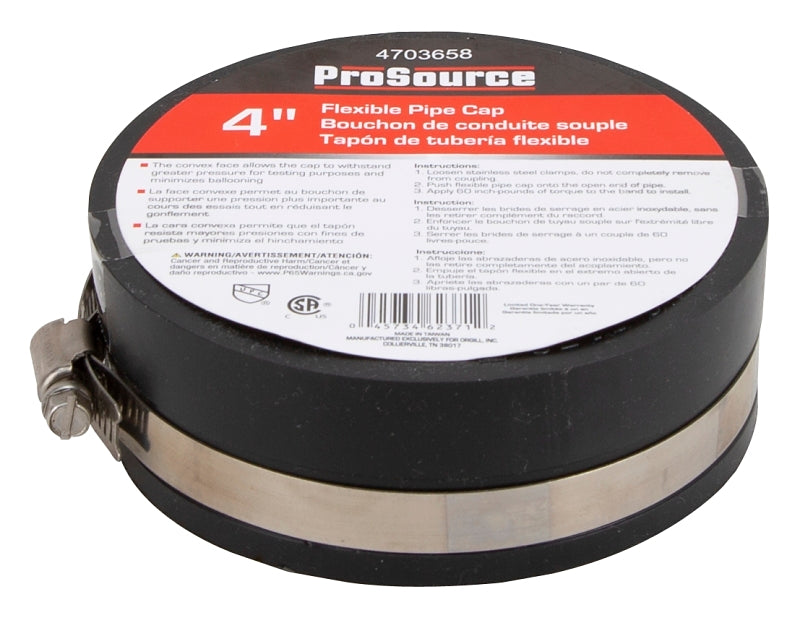 ProSource TC-4 Test Cap, 4 in Connection, Capping Pipe Ends, PVC, Black, 4 in Pipe