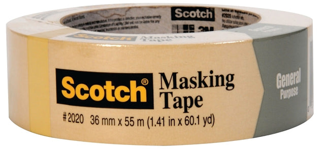 Scotch 2020-1.5A Masking Tape, 60 yd L, 1-1/2 in W, 0.005 in Thick, Crepe Paper/Rubber Backing, Beige