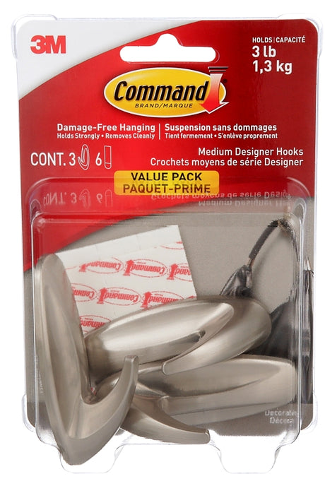 Command 17081BN-3ES Medium Designer Hook, 3 lb, 3-Hook, Plastic, Brushed Nickel, Pack of 2