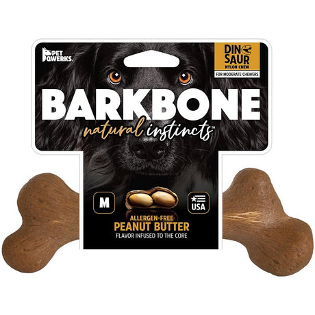 Petmate BarkBone 36036 Dog Toy, M, Peanut Butter, Chew, Natural Instincts Infused Wood Dinosaur, Nylon