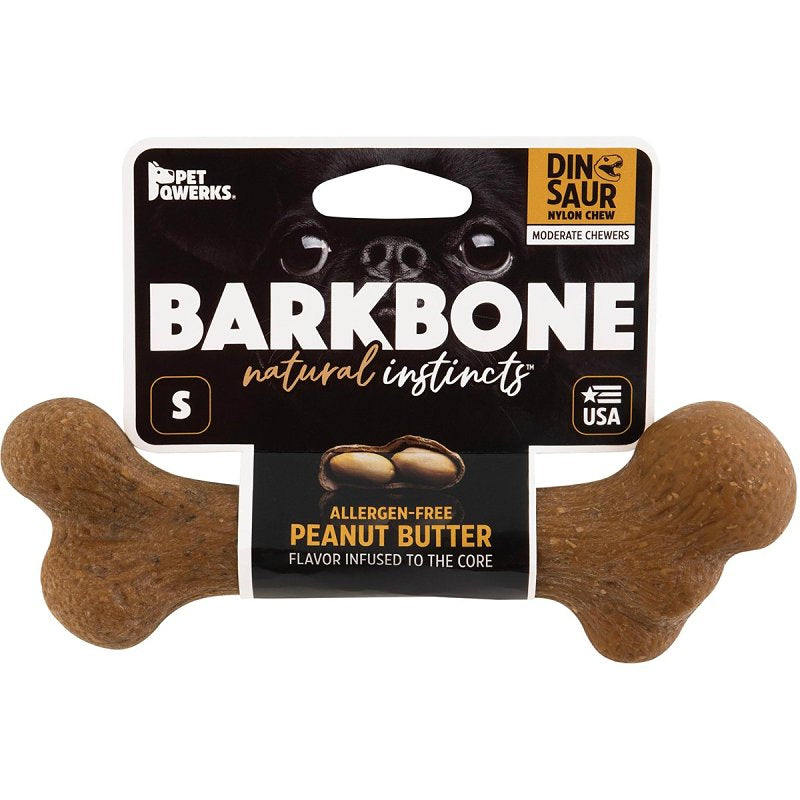 Petmate BarkBone 36037 Dog Toy, Small, Peanut Butter, Chew, Natural Instincts Infused Wood Dinosaur, Nylon