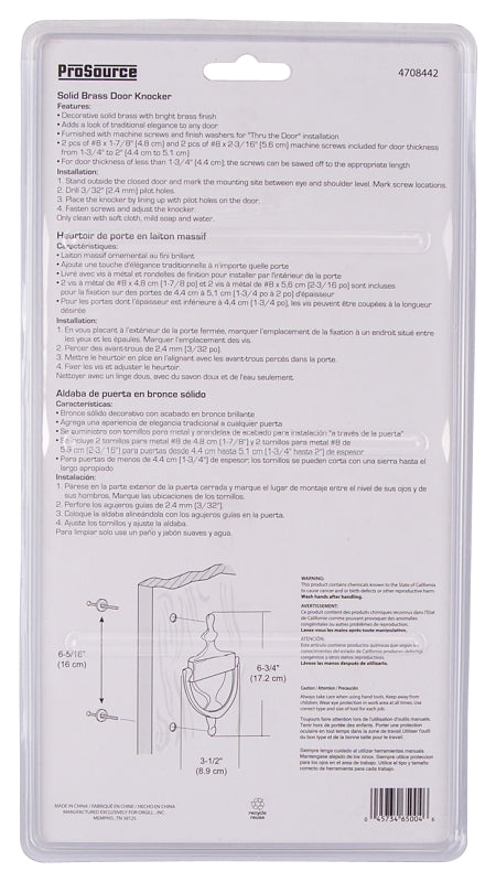 ProSource HR4004PB-PS Door Knocker, Brass, Bright Brass, 6-5/16 in Mounting Hole Center to Center
