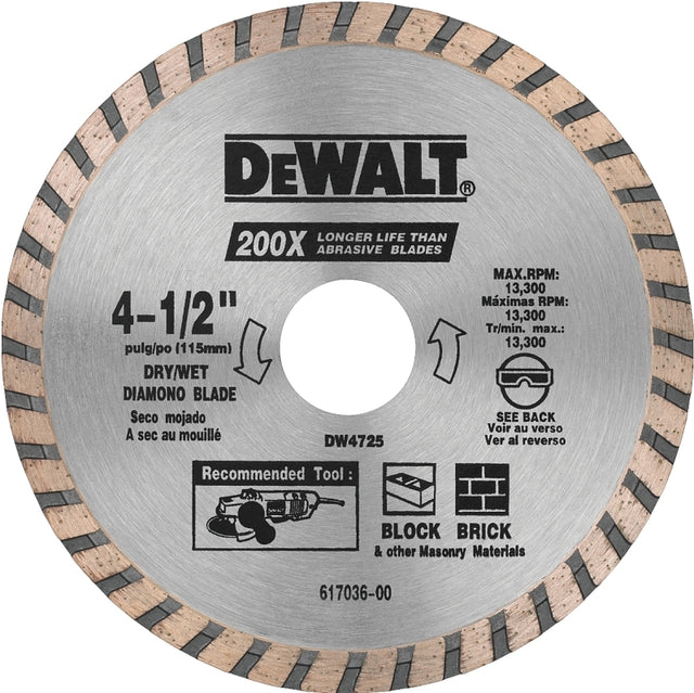 DEWALT DW4725 Circular Blade, 4-1/2 in Dia, 7/8 in Arbor, Diamond Cutting Edge, Segmented Rim