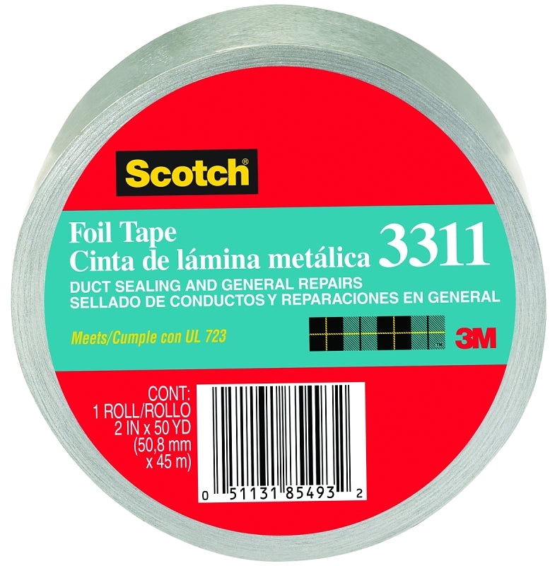 Scotch 3311-10A Foil Tape, 10 yd L, 2 in W, Aluminum Backing, Silver