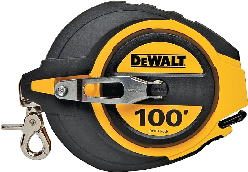 DEWALT DWHT34036L Tape Measure, 100 ft L Blade, 3/8 in W Blade, Steel Blade, ABS Case, Black/Yellow Case