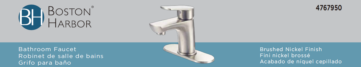 Boston Harbor FS1A0188NP Lavatory Faucet, 1.2 gpm, 1-Faucet Handle, 1, 3-Faucet Hole, Metal/Plastic, Brushed Nickel