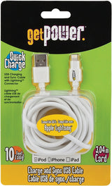GetPower GP-XL-USB-L USB Charging and Sync Cable, White, 10 ft L