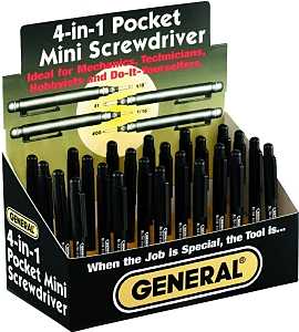 General 744DB Mini Pocket Screwdriver, #0, #1 Tip, Cross/Slotted Tip, Pack of 24