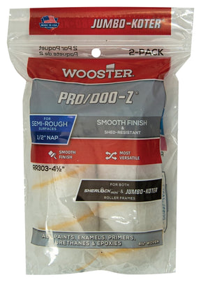 Wooster RR303-4 1/2 Roller Cover, White, 1/2 in Thick Nap, 4-1/2 in L, Fabric Cover, 2/PK