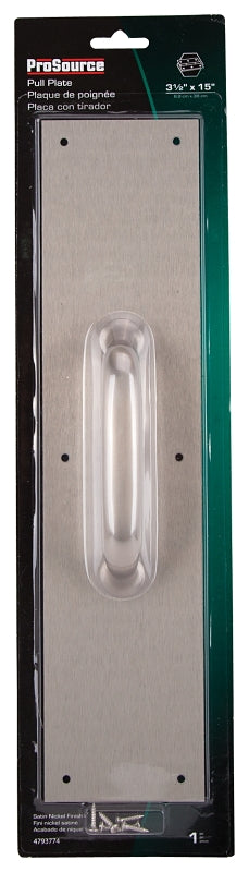 ProSource 32239TNB-PS Door Pull Plate, 3-1/2 in W, 15 in D, 1-5/8 in H, Aluminum, Satin Nickel
