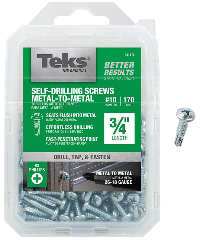 Teks 21372 Screw, #10 Thread, 3/4 in L, Coarse Thread, Pan Head, Phillips Drive, Self-Drilling, Self-Tapping Point, Zinc