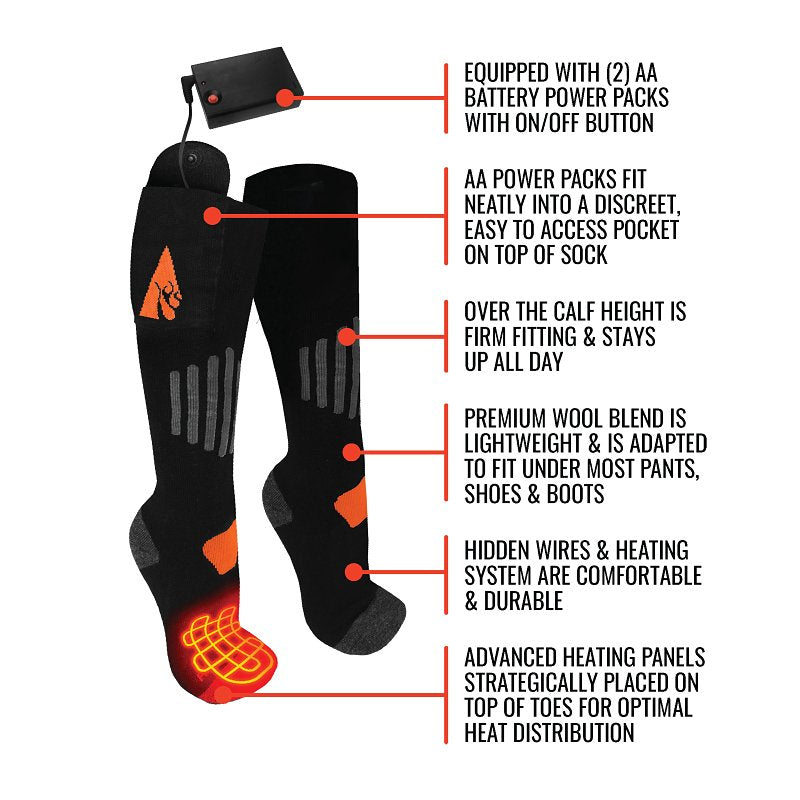 ActionHeat AH-SK-AA-03-S-M Heated Socks, Unisex, S/M, Cotton/Spandex/Wool, Black, Pack of 3
